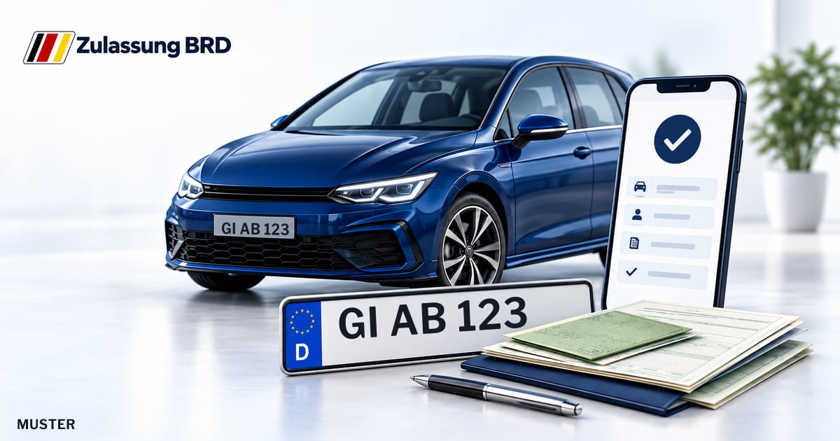 Online Fahrzeugzulassung in Staufenberg: Musterkennzeichen GI AB 123, Auto und Fahrzeugpapiere und Smartphone. Illustration mit Logo von Zulassung BRD.
